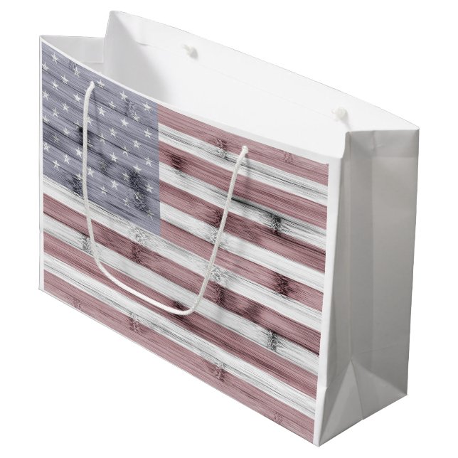 Rustic Red White Blue Wood USA Fahne Amerika Große Geschenktüte (Vorderseite Schrägansicht)