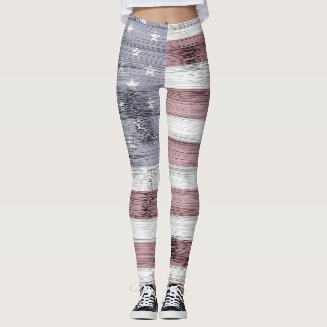 Rustic Red White Blue Wood USA Fahne Amerika Leggings (Vorderseite)