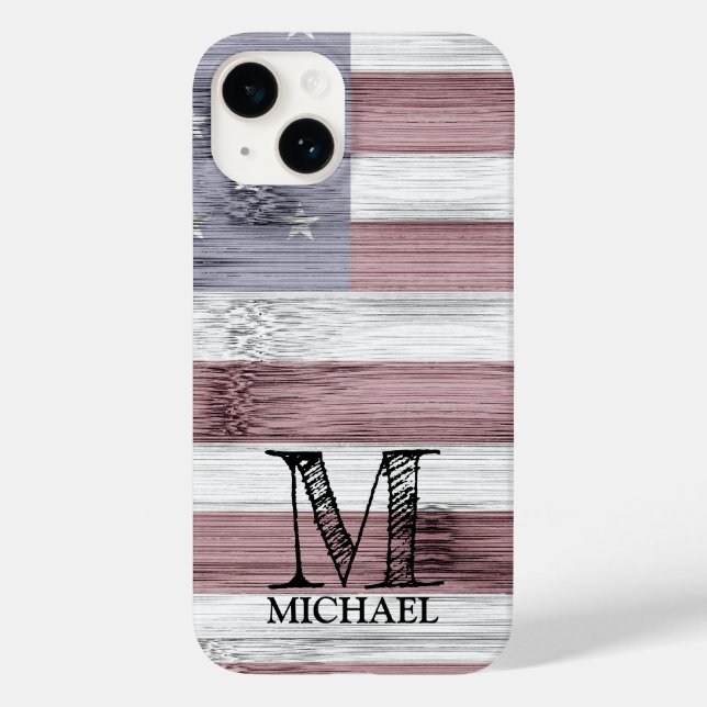 Rustic Red White Blue Wood USA Flag Monogram Case-Mate iPhone 14 Hülle (Rückseite)