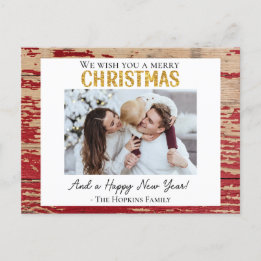 Rustic Red Wood Custom Foto Weihnachten Postkarte