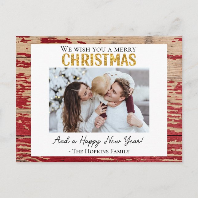 Rustic Red Wood Custom Foto Weihnachten Postkarte (Vorderseite)