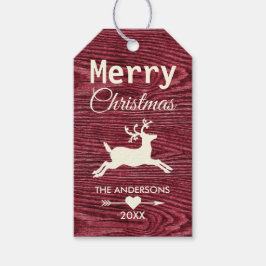 Rustic Red Wood Reindeer Frohe Weihnachten Geschenkanhänger