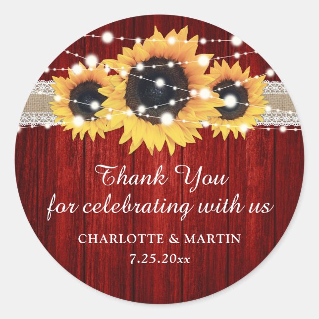 Rustic Red Wood Sunflower Wedding Vielen Dank Runder Aufkleber (Vorderseite)