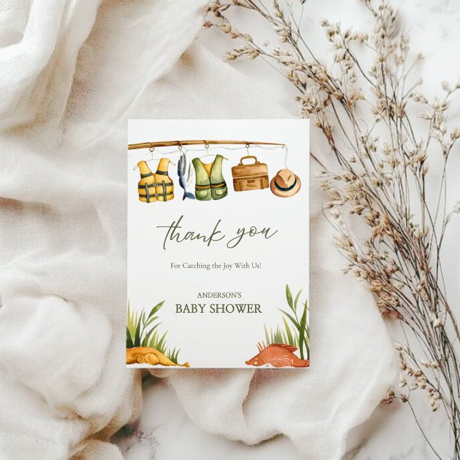 Rustic Reel Excited Little Fisherman Baby Shower  Dankeskarte (Von Creator hochgeladen)