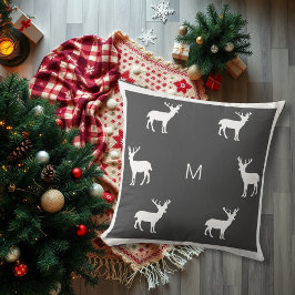 Rustic reindeer dark gray family monogram holiday kissen