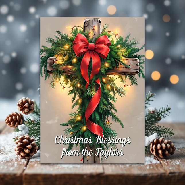 Rustic Religious Cross Christian Christmas Feiertagskarte (Rustic Cross Christmas Card with Garland and Bible Verse – Religious Holiday Blessings)