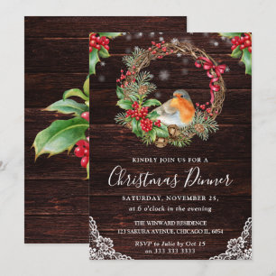 Rustic Robin und Holly Wreath Weihnachten Einladung