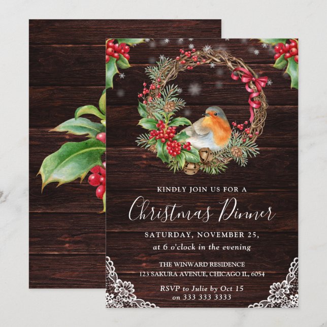 Rustic Robin und Holly Wreath Weihnachten Einladung (Vorne/Hinten)