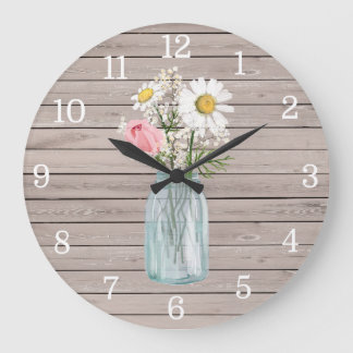 Rustic Rose & Daisies Mason Jar Clock Große Wanduhr