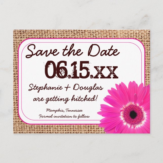Rustic Rose Daisy Burlap Enregistrer la date Carte (Devant)