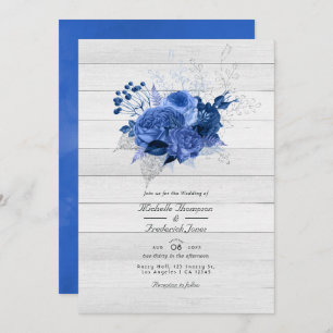 Rustic Royal Blue & Silver Floral QR Code Wedding Einladung