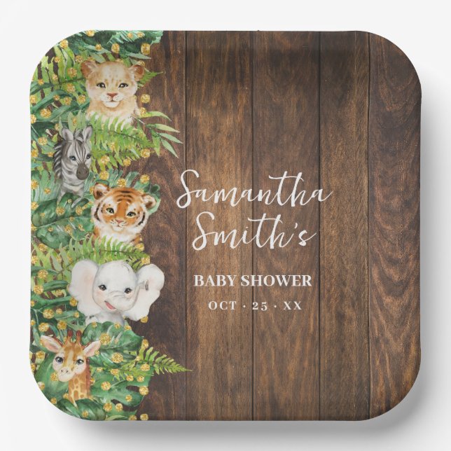 Rustic Safari Animals Gold Glitzer Baby Dusche Pappteller (Vorderseite)