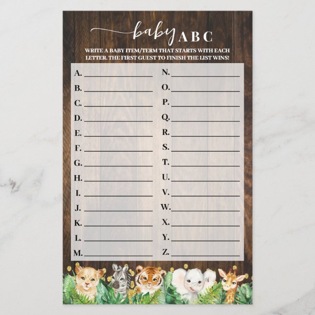 Rustic Safari Baby ABC Babydusche Spielkarte Flyer (Vorne)