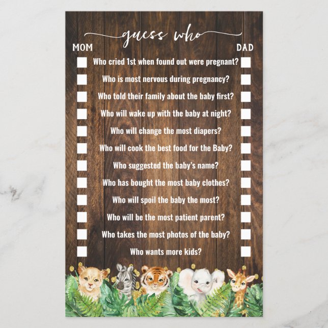 Rustic Safari Raten Sie wer Baby Duschkarte Flyer (Vorne)