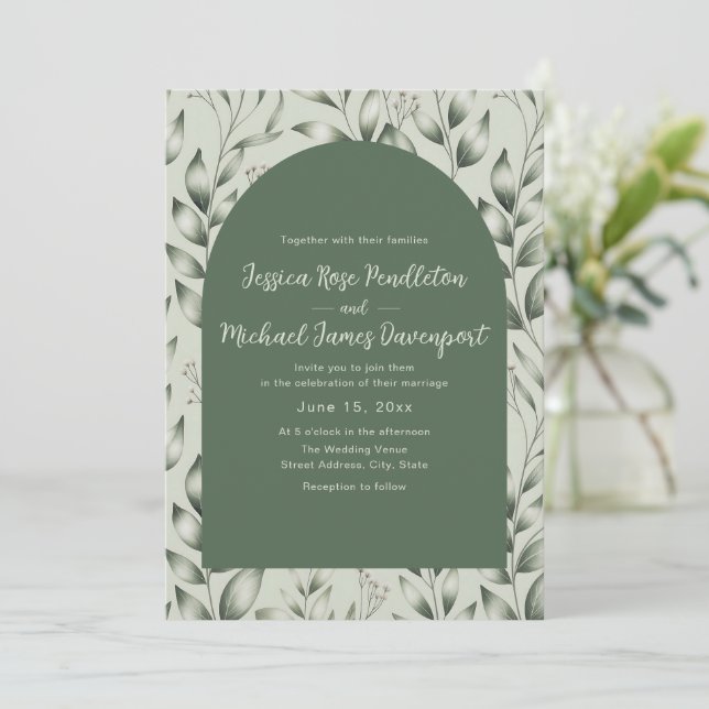 Rustic Sage Green Botanical Arch Photo Wedding Einladung (Stehend Vorderseite)