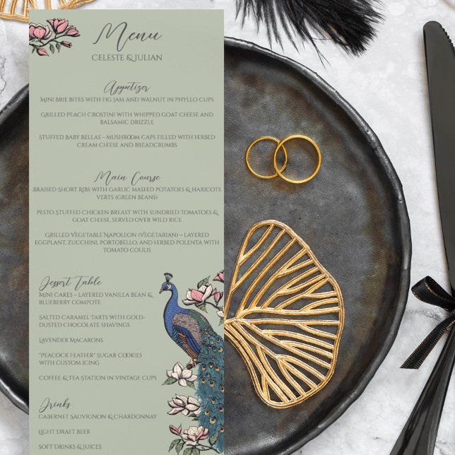 Rustic Sage Green Floral Peacock Bird Mariage Menu (Rustic Sage Green Peacock Chinoiserie Wedding Menu for Wedding, Bridal Shower, Rehearsal Dinner.)