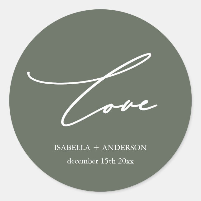Rustic Sage Green Liebe Script mit Name Wedding Runder Aufkleber (Vorderseite)
