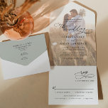 Rustic Sage Green Photo Wedding All In One Einladung<br><div class="desc">This elegant All-In-One Wedding Invitation features a sweeping script calligraphy text paired with a classy serif & modern sans font in black,  with a photo overlay on the front and a customizable monogram on the back. Matching items available.</div>