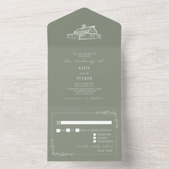 Rustic Sage Green Wedding RSVP All In One Einladung (Innen Boden)