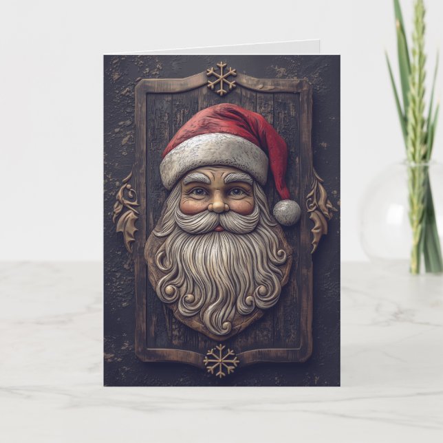 Rustic Santa Claus Wood Carving Weihnachtskarte Karte (Vorderseite)