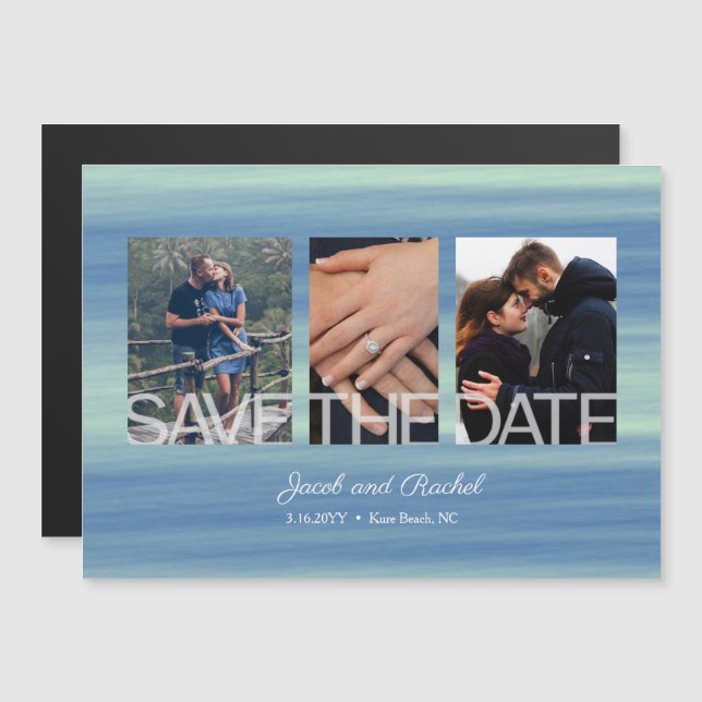 Rustic Save the Date 3-Photo Collage Magnet (Devant / Derrière)