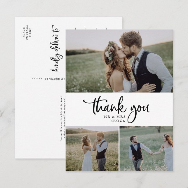 Rustic Script 3 Photo Collage Wedding Thank You Postkarte (Vorne/Hinten)