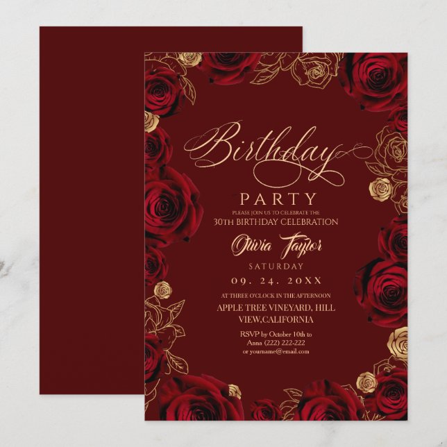 Rustic Script Burgundy Rose Birthday  Einladung (Vorne/Hinten)