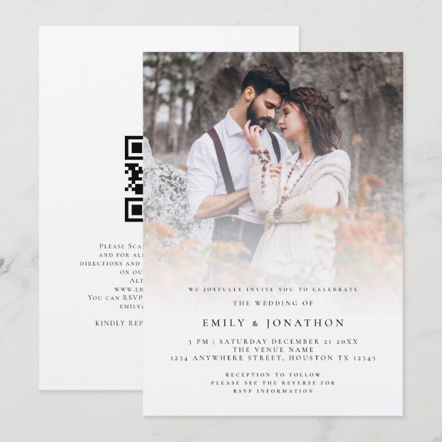 Rustic Script QR-Code Foto-Overlay Hochzeit Einladung (Vorne/Hinten)