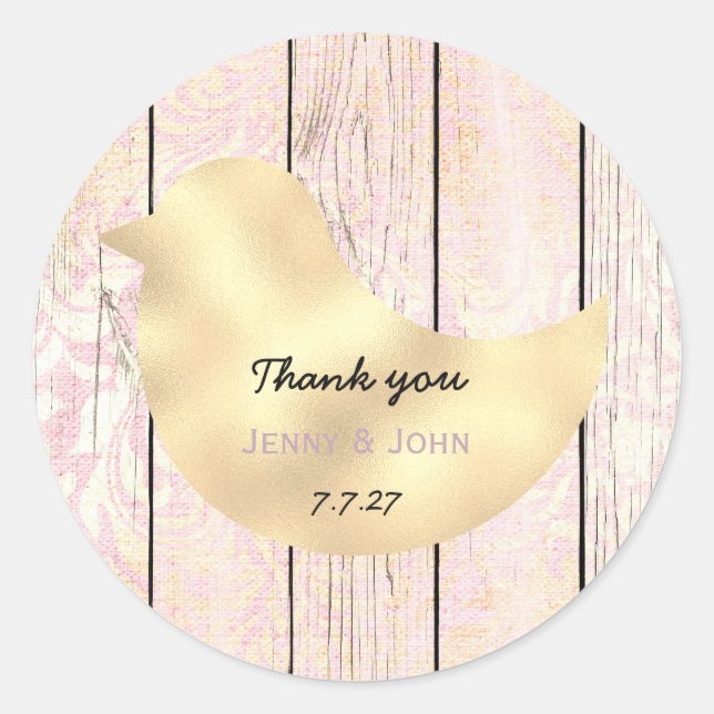 Rustic Shabby Pink Gold Rose Hochzeit Vielen Dank Runder Aufkleber (Vorderseite)