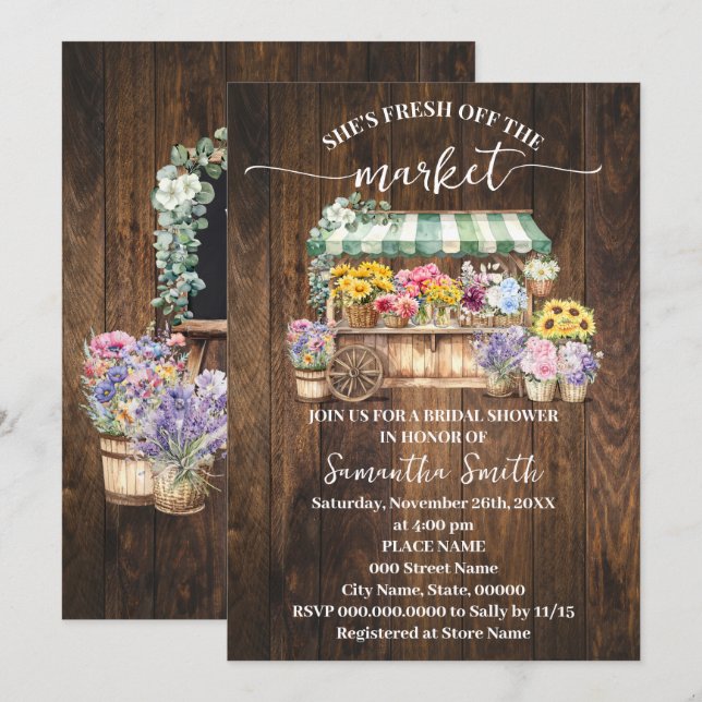 Rustic She's Fresh Off the Market Bridal Shower Einladung (Vorne/Hinten)