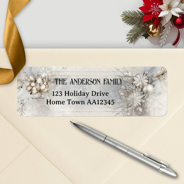 Rustic Silver Chic Weihnachts-Rücksendeadresse-Lab (Christmas return address label featuring a boho chic silver traditional design on rustic ivory)