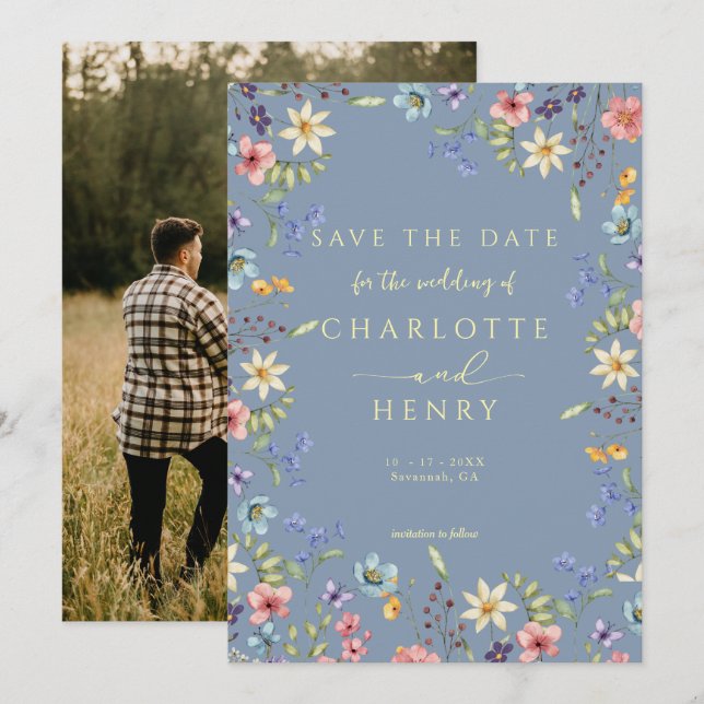 Rustic Simple Dusty Blue Foto Wedding Save The Date (Vorne/Hinten)