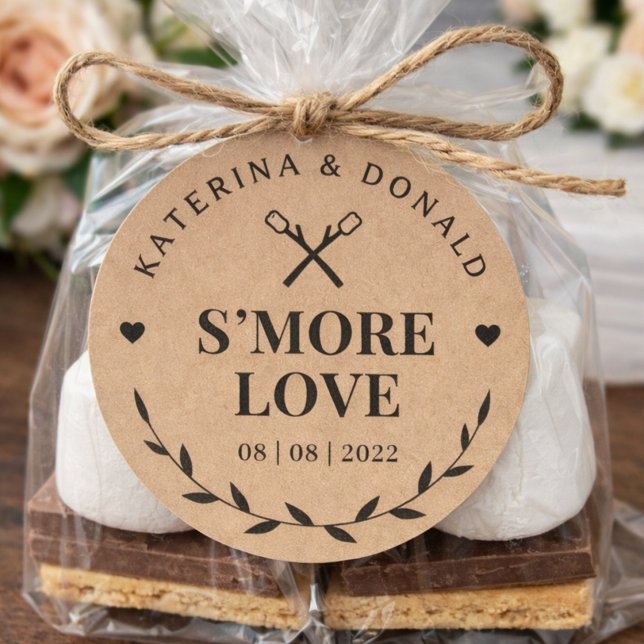 Rustic S'more Liebe Wedding Kraft Runder Aufkleber (Rustic S’more Love Favor Tags for Wedding or Bridal Shower Treat Bags)