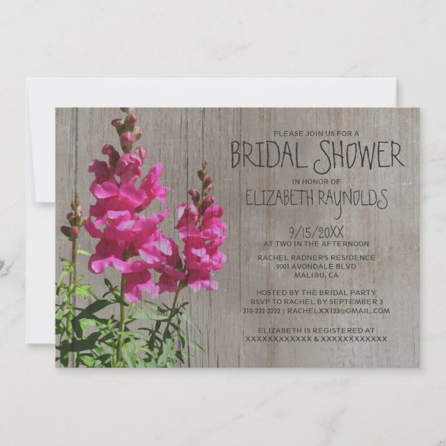 Rustic Snapdragon Bridal Shower Einladungen (Vorderseite)