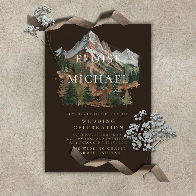 Rustic Snowy Mountain Landscape Watercolor Wedding Einladung (Rustic Snowy Mountain Landscape Watercolor Wedding Invitation)