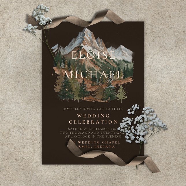 Rustic Snowy Mountain Landscape Watercolor Wedding Folieneinladung (Rustic Snowy Mountain Landscape Watercolor Wedding Foil Invitation)