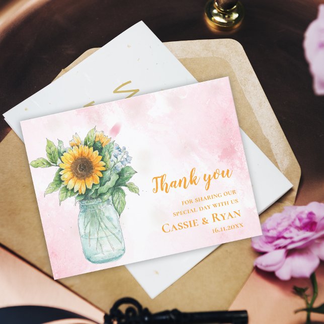Rustic Sonnenblume Mason Jar Wedding Vielen Dank Postkarte (Rustic Sunflower Mason Jar Wedding Thank You Postcard)