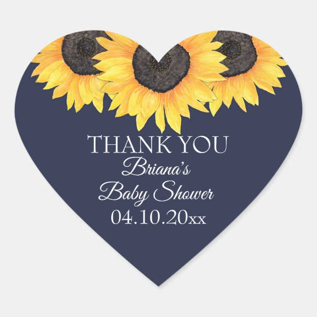 Rustic Sonnenblume Navy Blue Baby Dusche Herz-Aufkleber (Vorderseite)