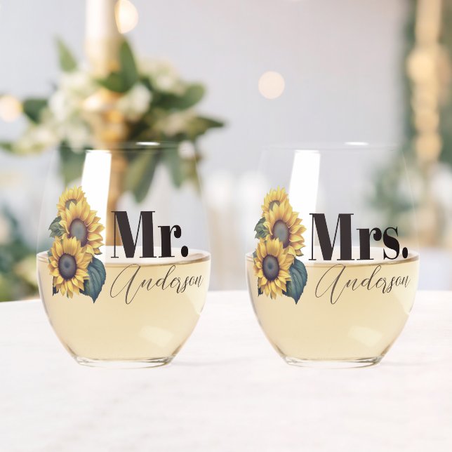 Rustic Sonnenblumen Mr. and Mrs. Weinglas Ohne Stiel (Insitu (Hochzeit))