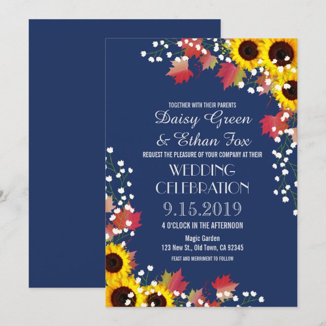 Rustic Sonnenblumen Navy Blue Hochzeit Einladungen (Vorne/Hinten)