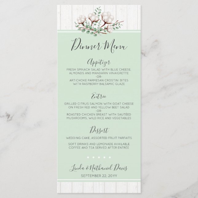 Rustic Southern Cotton & Wood Mariage Menu Dîner (Devant)