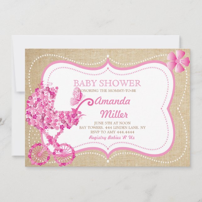 Rustic Spring Floral Pram Baby Shower Invitations (Devant)
