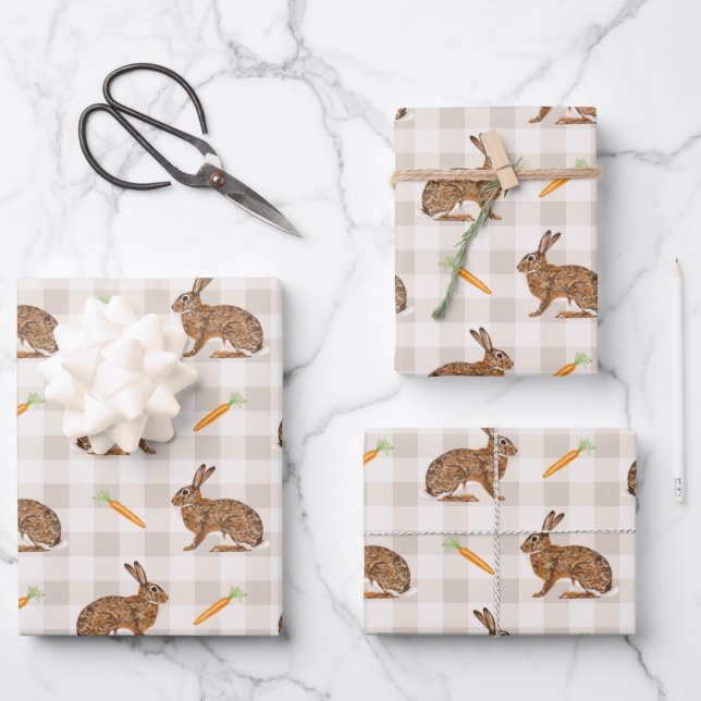 Rustic Spring Hares And Carrots Beige Pattern Geschenkpapier Set (Vorderseite)