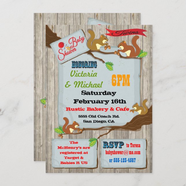 Rustic Squirrels Twins Baby Shower Invitations (Devant / Derrière)