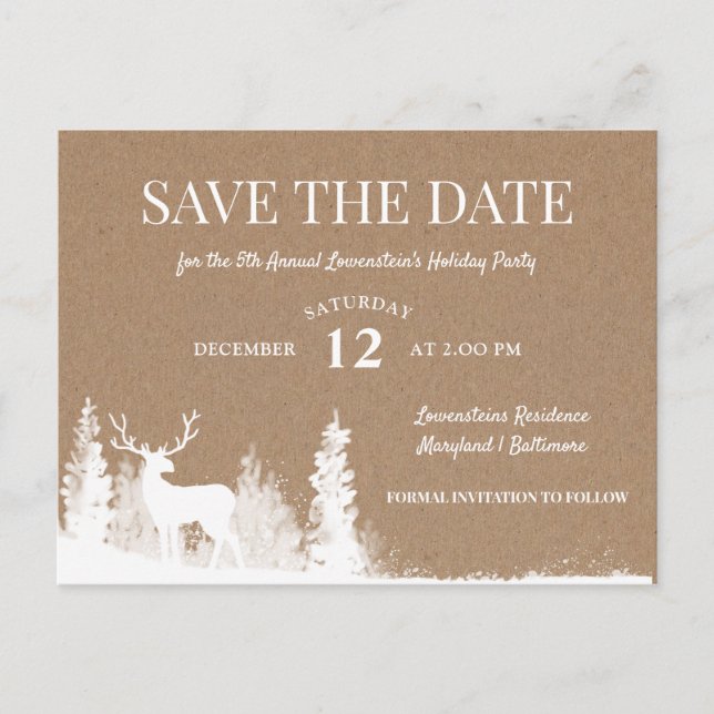 Rustic Stag Weihnachtsfeier Save the Date Ankündigungspostkarte (Vorderseite)