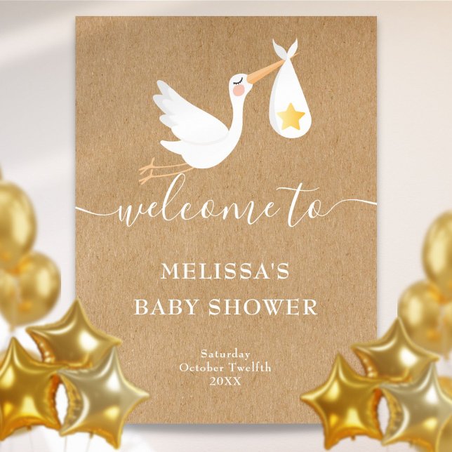Rustic Stork Gold Star Baby shower Affiche de bien (Rustic Stork Gold Star Baby Shower Welcome Sign)