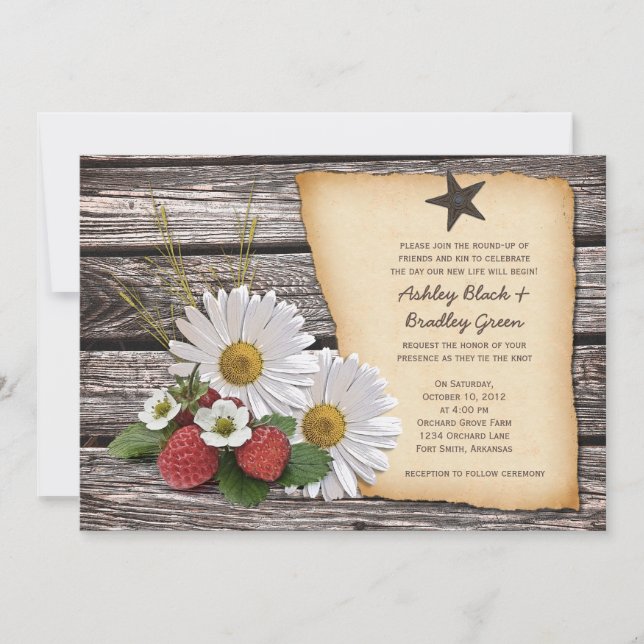 Rustic Strawberry Daisy Wedding Einladung (Vorderseite)