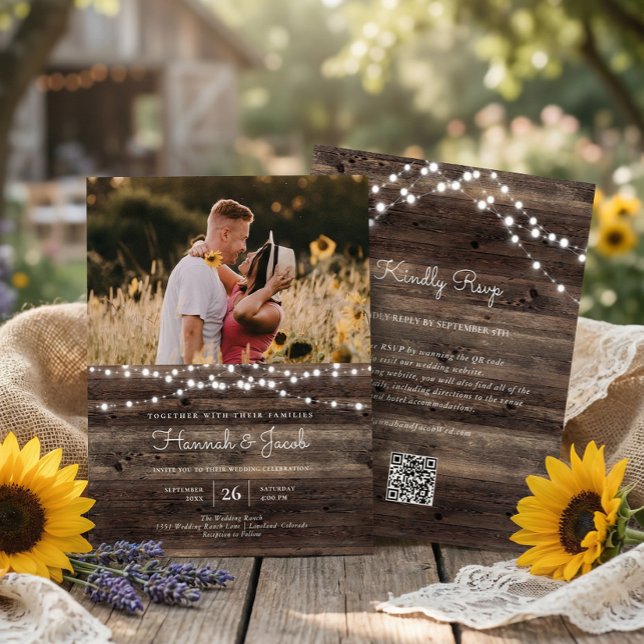 Rustic String Light Barn Wood QR Code UAWG Wedding Einladung (Von Creator hochgeladen)