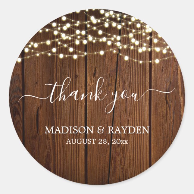 Rustic String Light Barn Wood Wedding Vielen Dank Runder Aufkleber (Vorderseite)