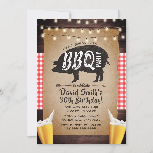 Rustic String Lights Beers GRILLEN Birthday Party Einladung (Vorderseite)